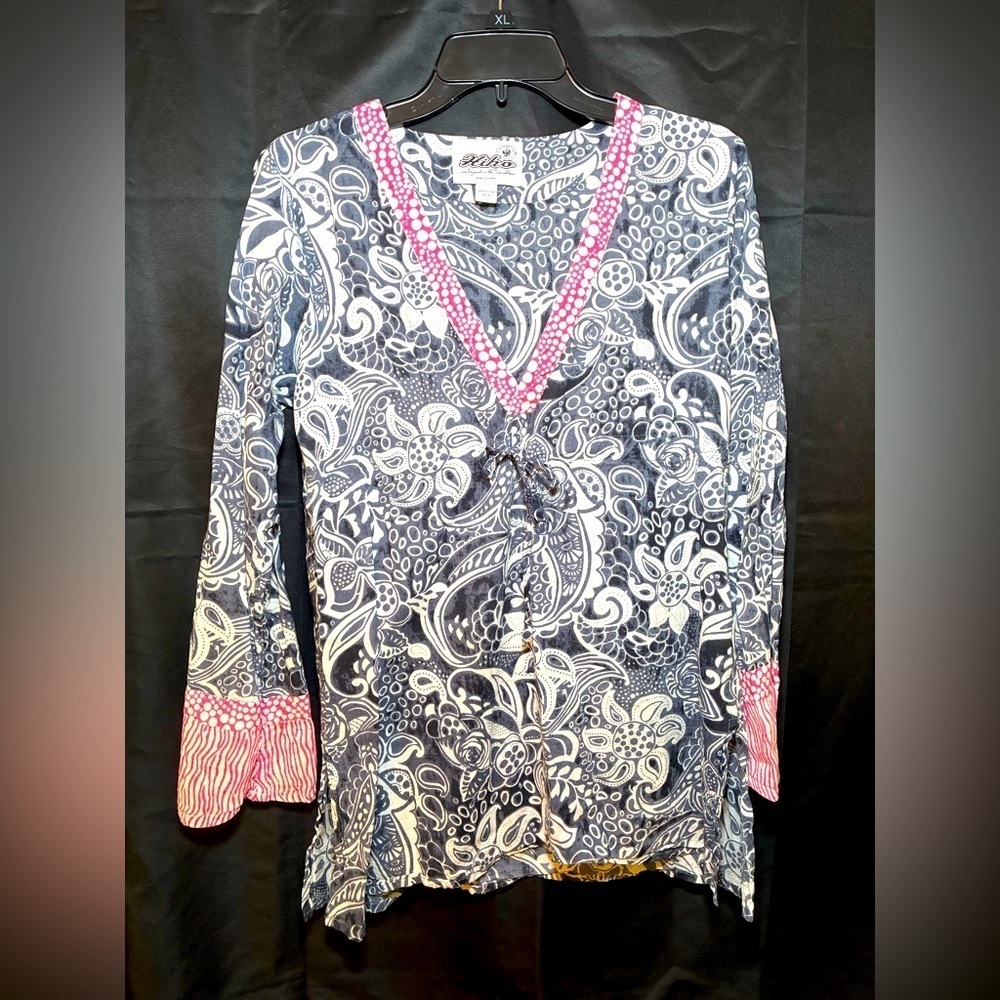 Hiho Woman’s Long Sleeve Drawstring Floral Print Blouse Blue Size Small V Neck